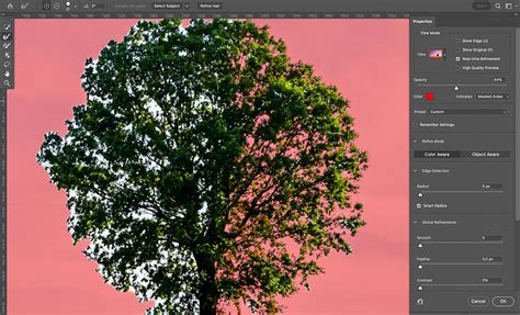 A Refine Edge ablak a Photoshopban, ahol a kijelölés finomítható