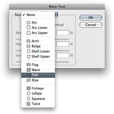 A Warp Text Options ablak a különböző stílusokkal és beállításokkal