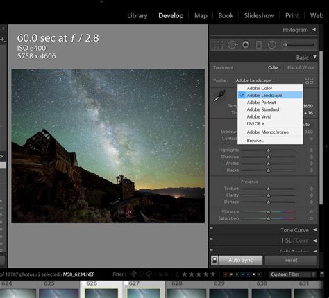 Lightroom Develop modul alapbeállítások felülete