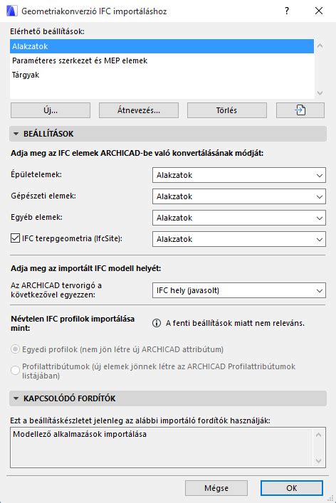 Archicad IFC importáló és exportáló beállítások felület