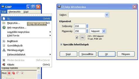 GIMP felület új kép létrehozása