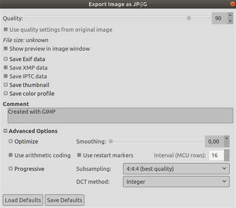 GIMP minőségbeállítások JPEG exportáláskor
