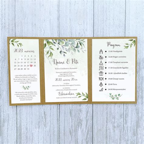 Példa egy kihajtható esküvői meghívóra több információval