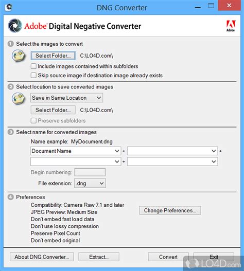 Adobe DNG Converter felületének képernyőképe