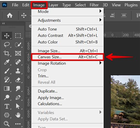Photoshop Canvas Size párbeszédablak