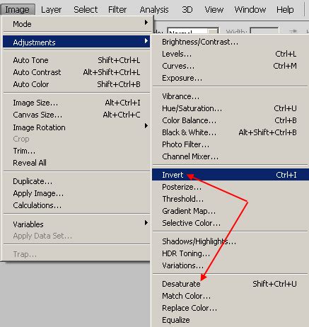 A Kép > Kiigazítások > Invert menüpont a Photoshopban