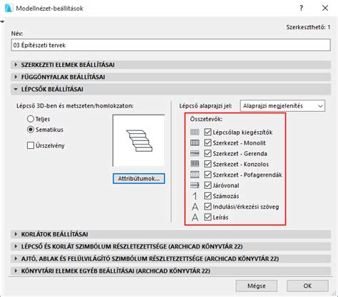 Archicad lépcső modellnézet beállítások