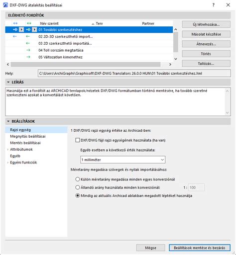 Archicad DXF/DWG importálás beállításai
