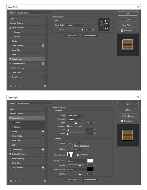 Bevel and Emboss és Color Overlay beállítások arany hatás létrehozásához