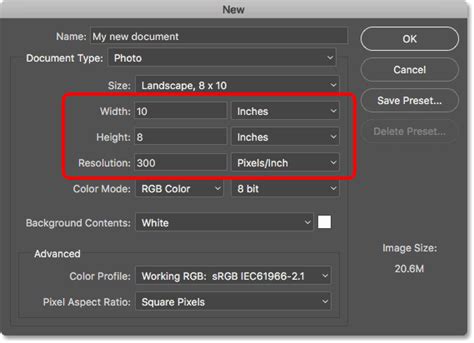 Photoshop New Document dialog with background color setting