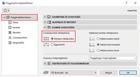 ARCHICAD függönyfal beállítások