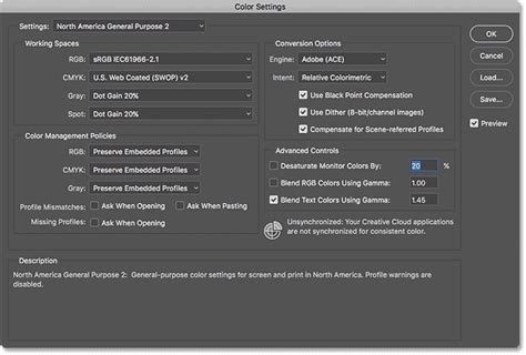 Adobe color settings dialog