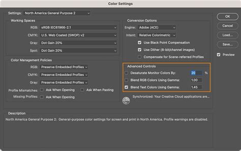Photoshop color conversion settings