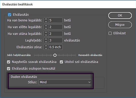 InDesign elválasztási beállítások