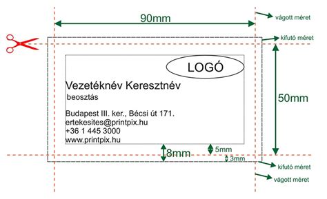 Névjegykártya méretek és biztonsági zóna ábra
