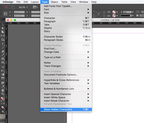 InDesign Show Hidden Characters menu