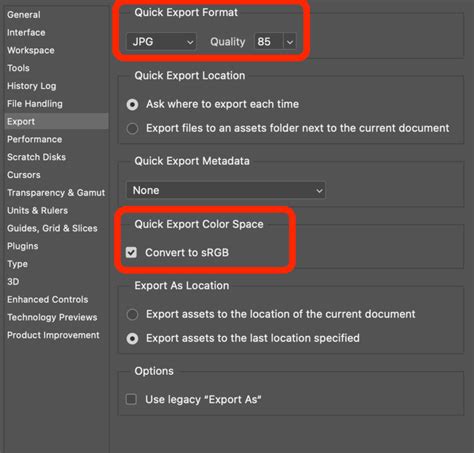 Photoshop Quick Export settings