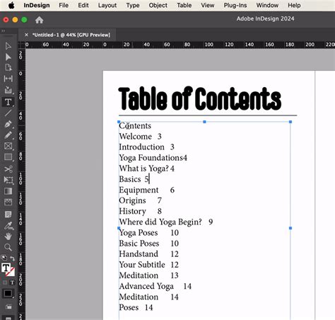 Adobe InDesign Table of Contents dialog