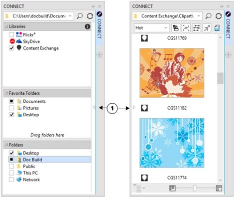 CorelDRAW CONNECT Content docker felület
