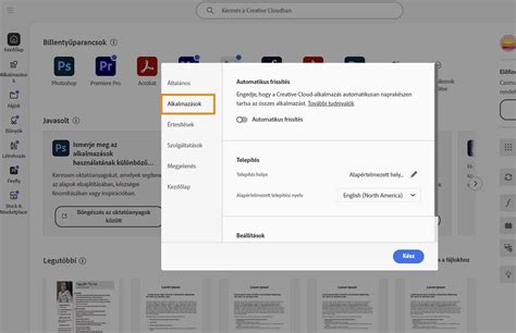 Illusztráció a Creative Cloud beállítások ablakáról, kiemelve az
