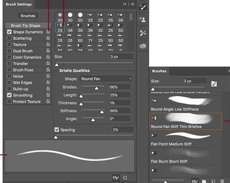 Példa a Brush Settings panel különféle beállításaival
