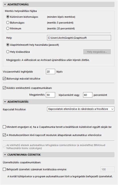 Archicad Adatbiztonság és Integritás beállítások
