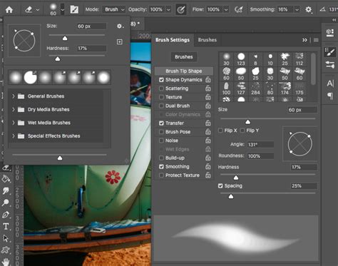 Photoshop CC Eraser Tool ikon és méretállítási lehetőségek