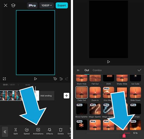 CapCut videó fade effektus felület