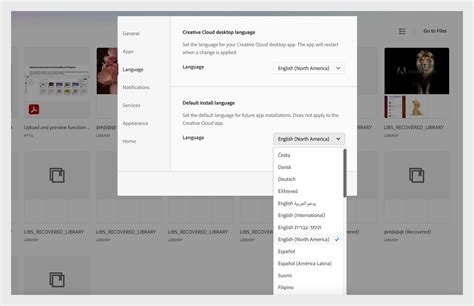 Creative Cloud beállítások a nyelvi csomag kiválasztásához