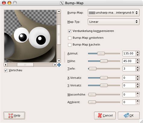 GIMP Bump Map szűrő beállításai