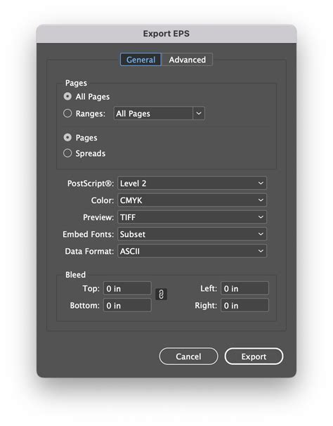 InDesign Export EPS párbeszédpanel