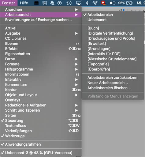 InDesign beállítások menü