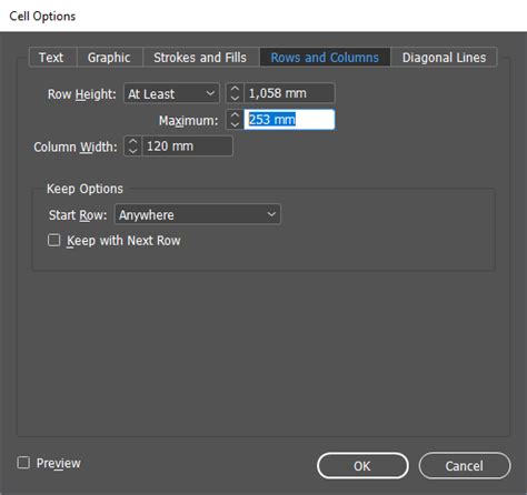 InDesign táblázat méretbeállítások