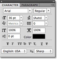 Photoshop Character panel szövegszín és opciók