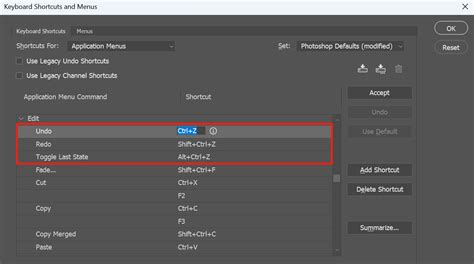 Photoshop undo redo shortcuts