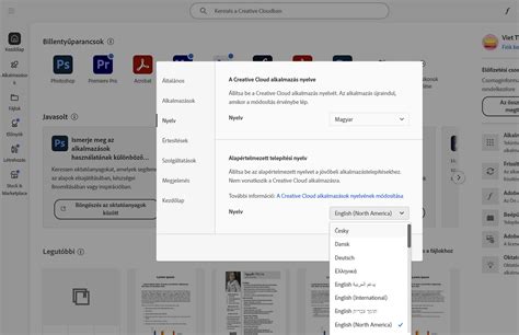 Creative Cloud alkalmazás nyelv beállításai