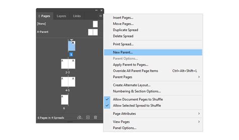 InDesign Page panel mesteroldalakkal