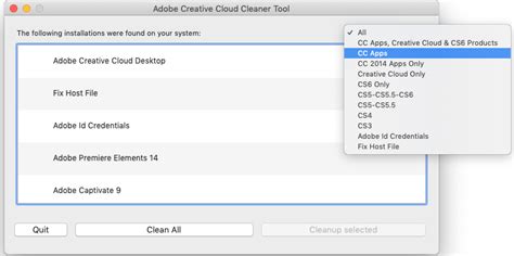 Adobe Creative Cloud Cleaner Tool felület