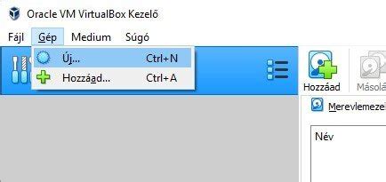 VirtualBox felület új virtuális gép létrehozása